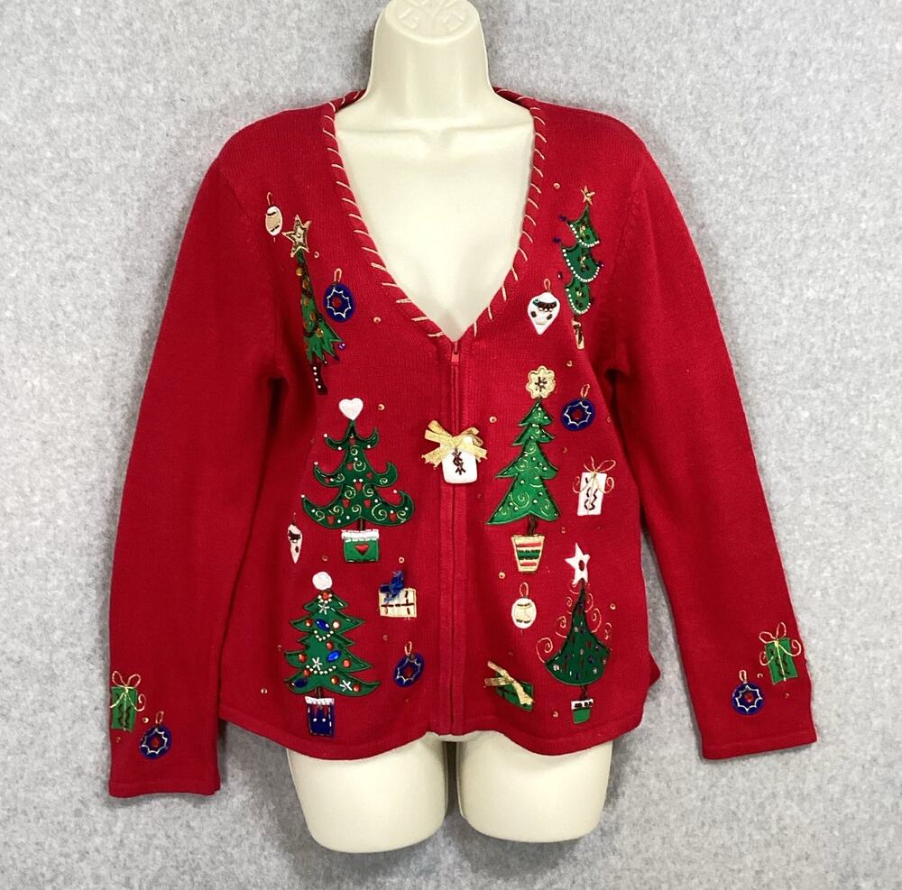 Tiara International Christmas Zip Cardigan Sweater Size M Beaded Embellished